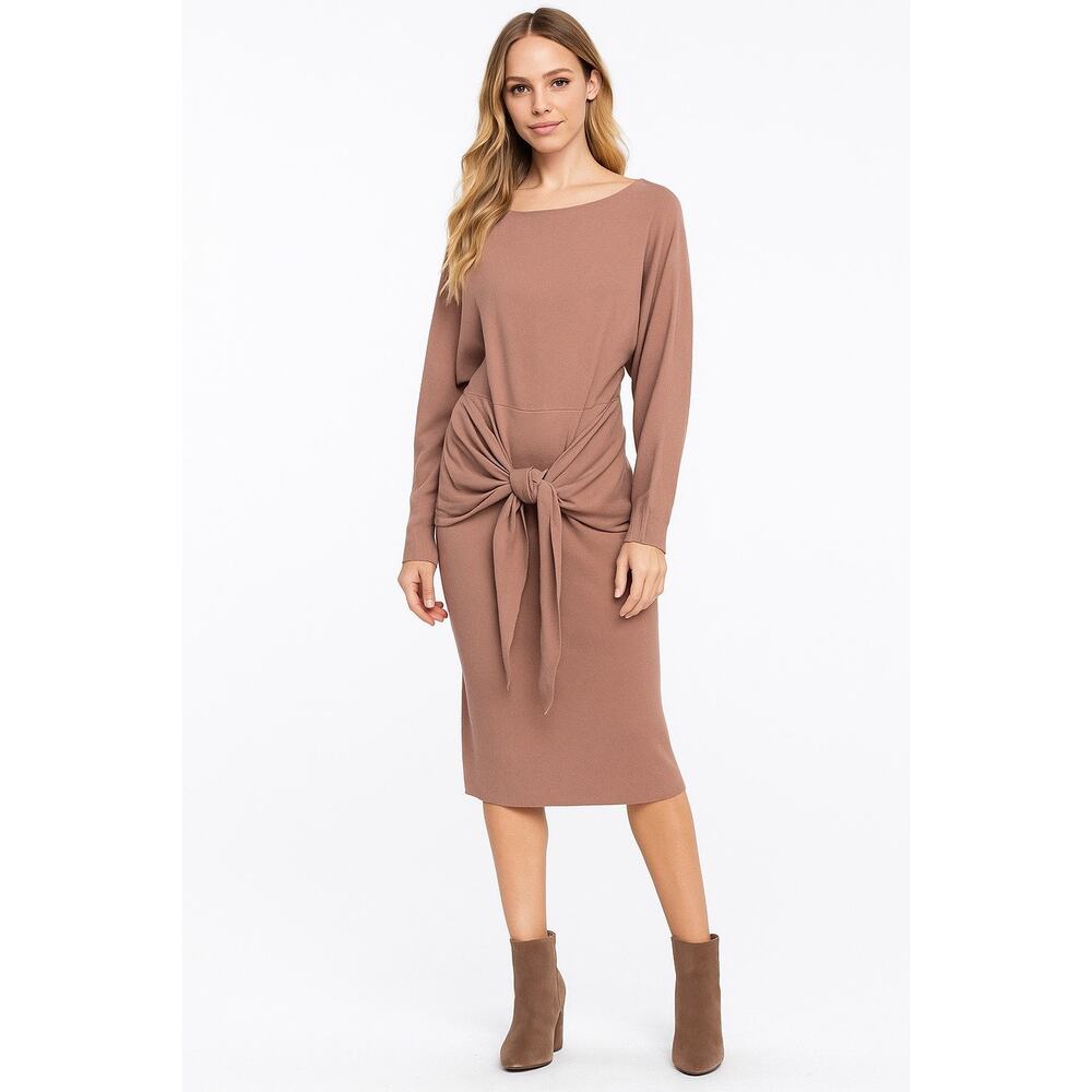 Mable Bristol Waist Tied Sweater Dress S Camel Tan Long Sleeve Knit Midi